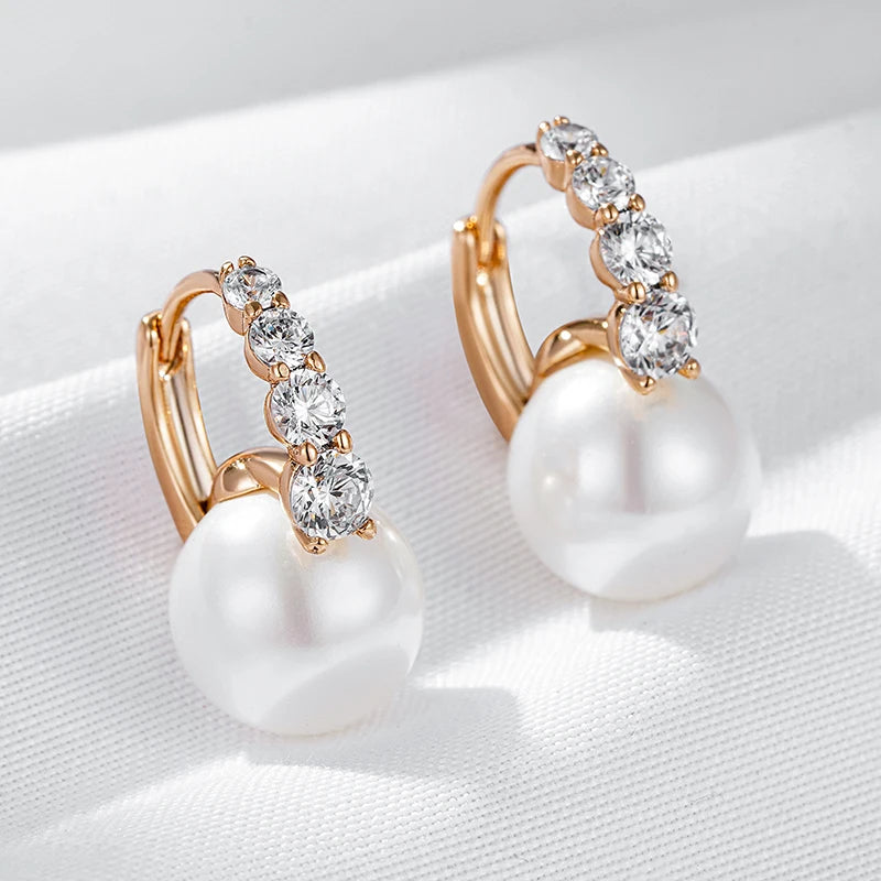 Wbmqda Luxury Elegant Pearl Drop Earrings For Women 585 Rose Gold Color Natural Zircon Setting Wedding Party Fine Jewelry Gifts