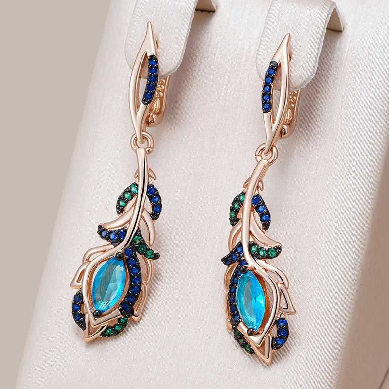 Kinel Hot Blue Natural Zircon Flower Long Drop Earrings For Women 585 Rose Gold and Black Plating Vintage Party Daily Jewelry