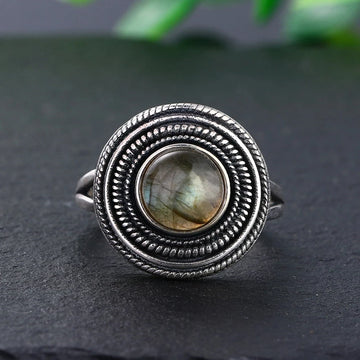 Round 8MM Natural Labradorite Rings Women's Gemstone S925 Sterling Silver Ring Vintage Style Fine Jewelri