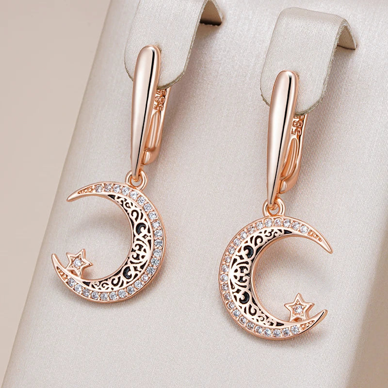 Kinel Trend Black Enamel Stars Moon Dangle Earrings For Women 585 Rose Gold Color With Natural Zircon Fine Daily Ethnic Jewelry