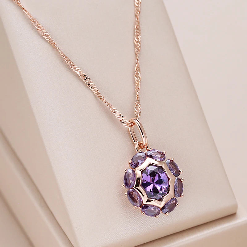 Kinel Unusual Sparkling Oval Purple Natural Zircon Pendant Necklace for Women Luxury 585 Rose Gold Color Party Daily Jewelry