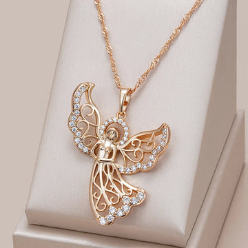 Kinel Fashion Angel Pendant Necklace For Women 585 Rose Gold Color With White Natural Zircon Accessories Best Daily Jewelry Gift